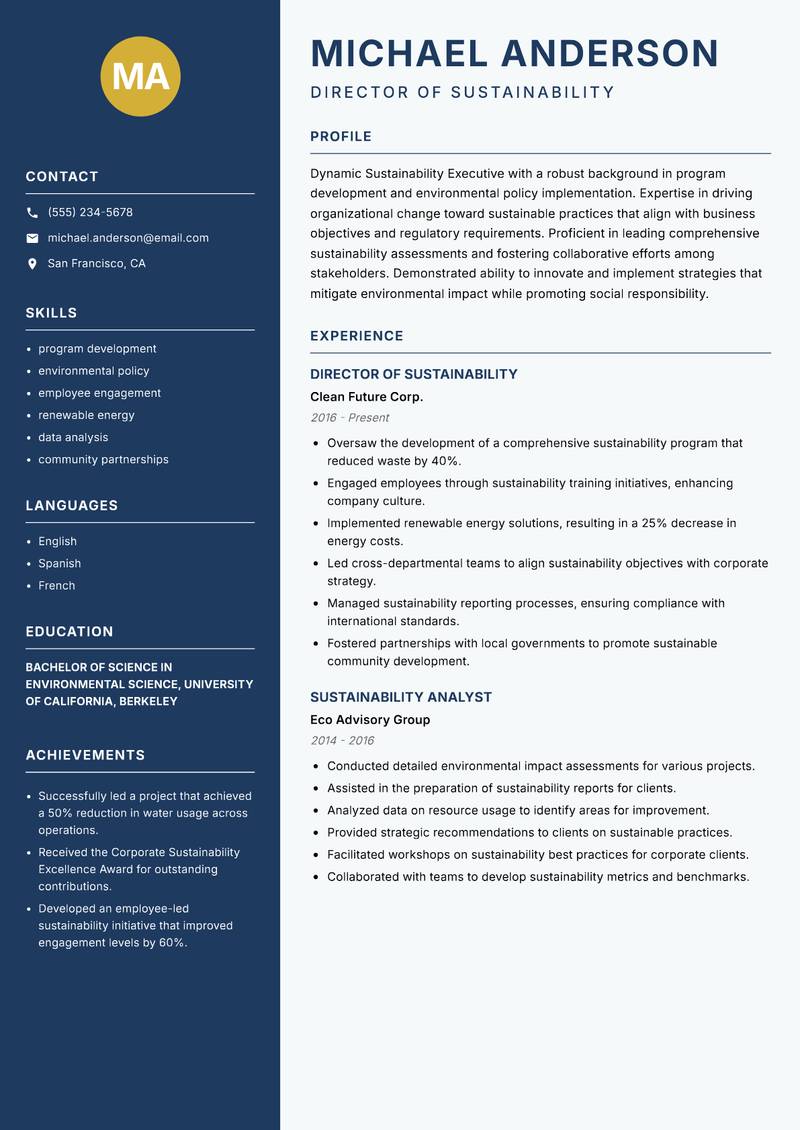 Sustainability Executive resume template — Classic Clean