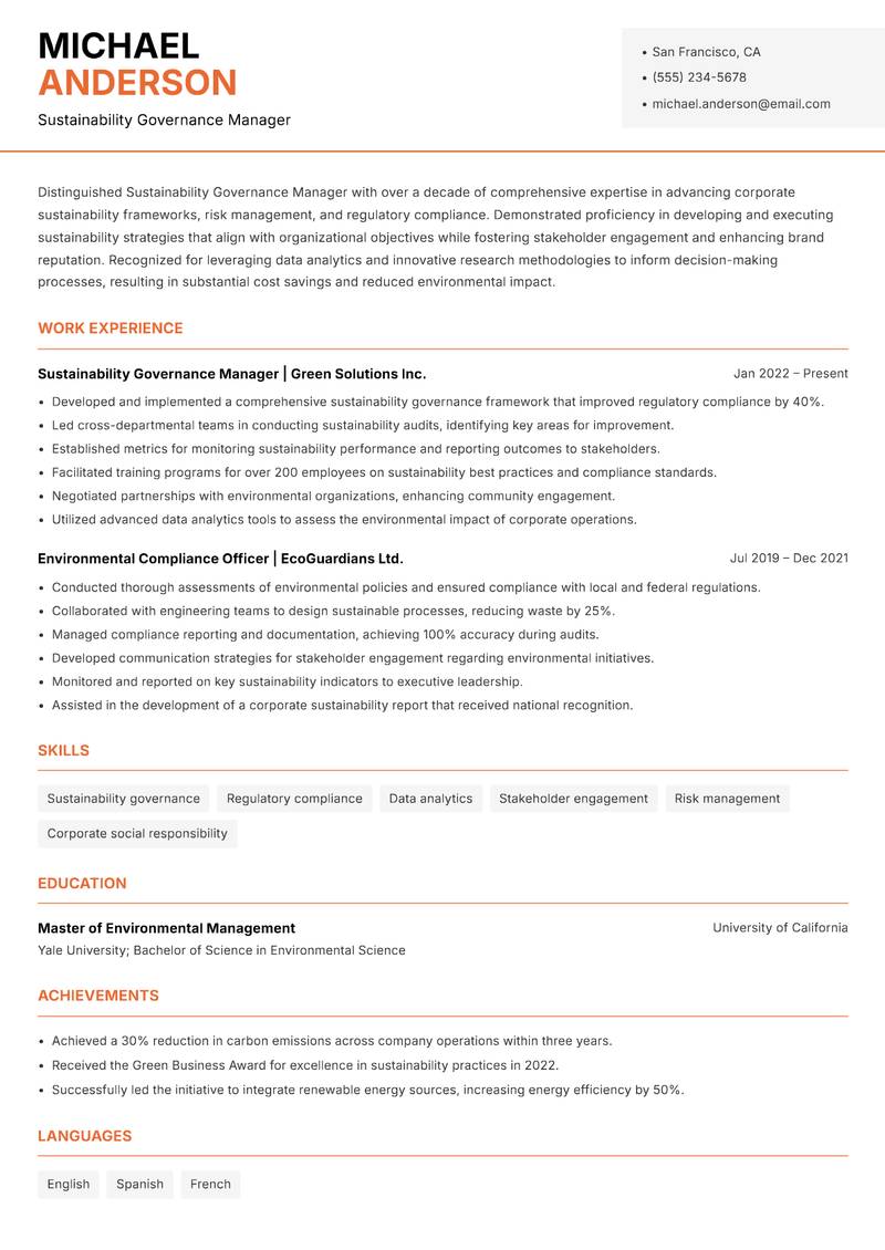Sustainability Governance Manager resume template — Modern Professional