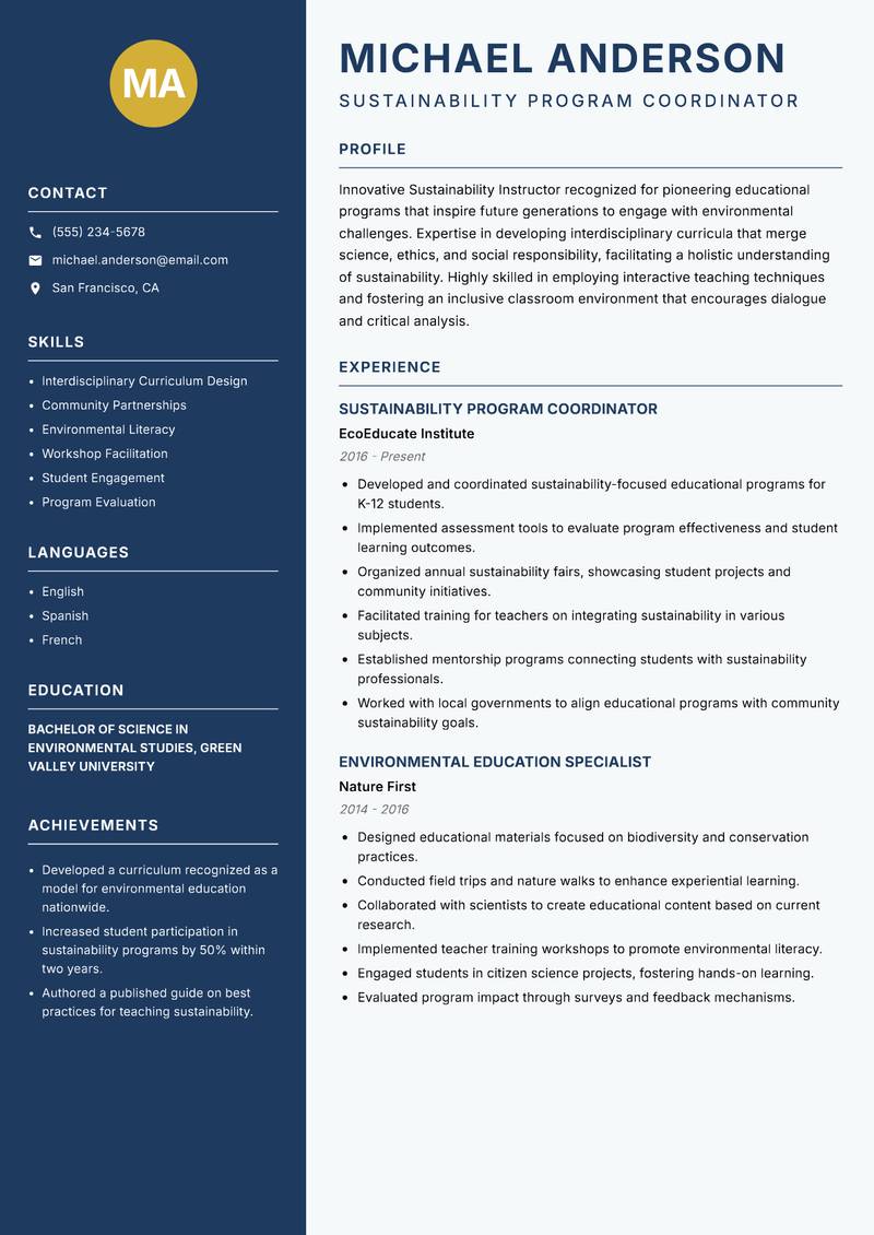 Sustainability Instructor resume template — Classic Clean