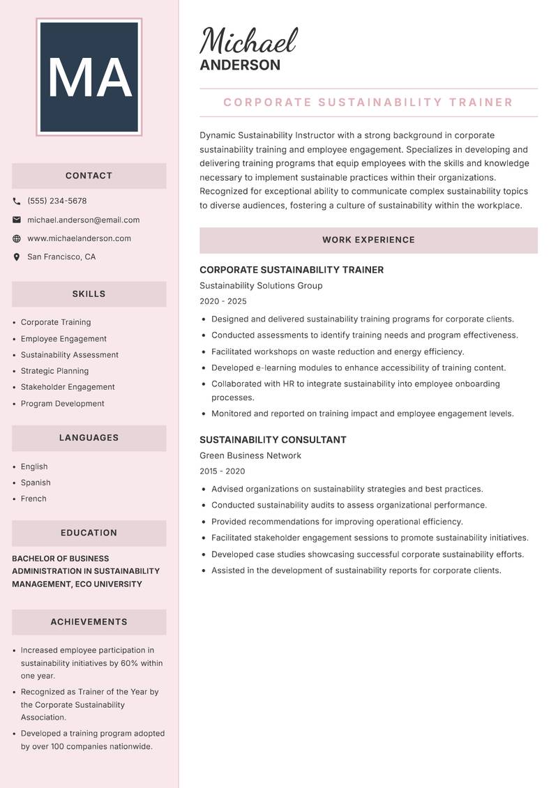 Sustainability Instructor resume template — Executive
