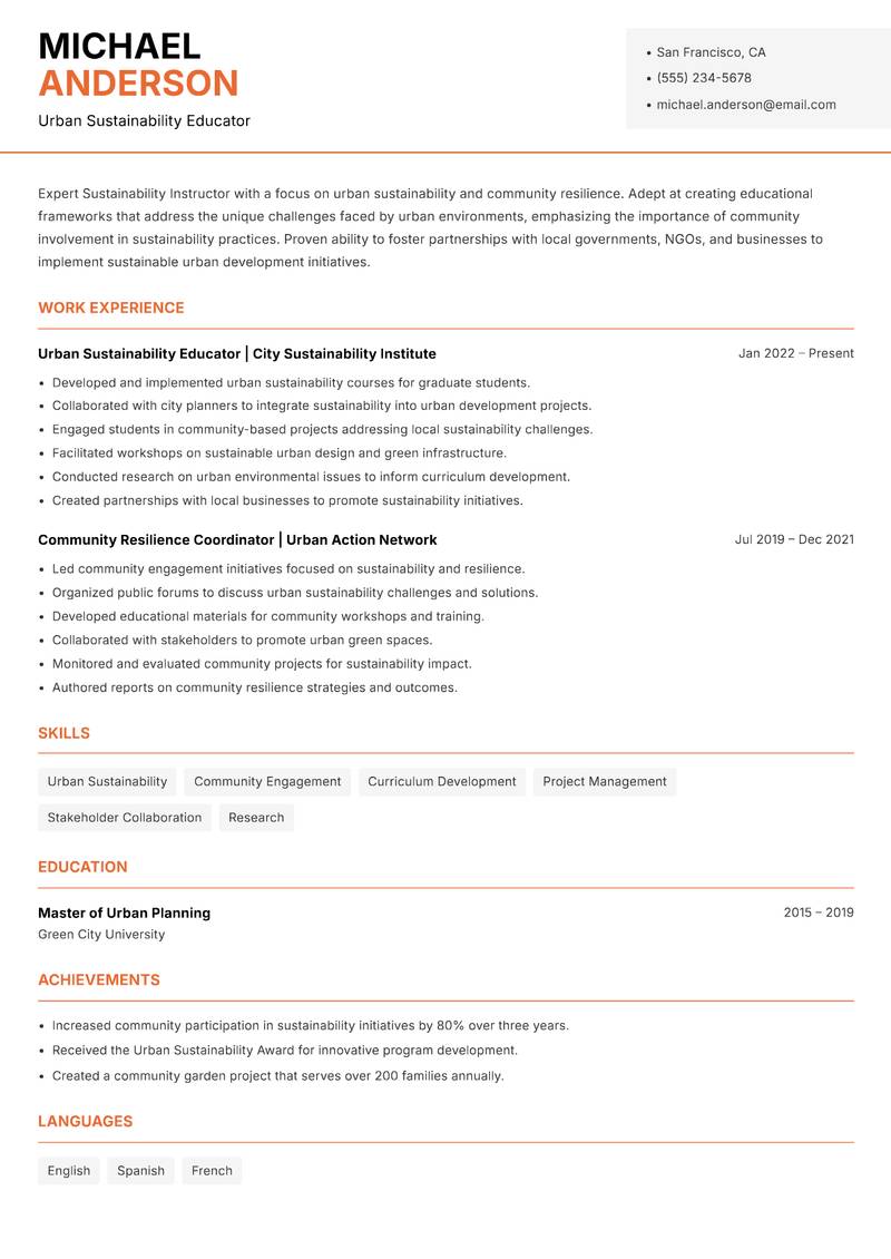 Sustainability Instructor resume template — Modern Professional