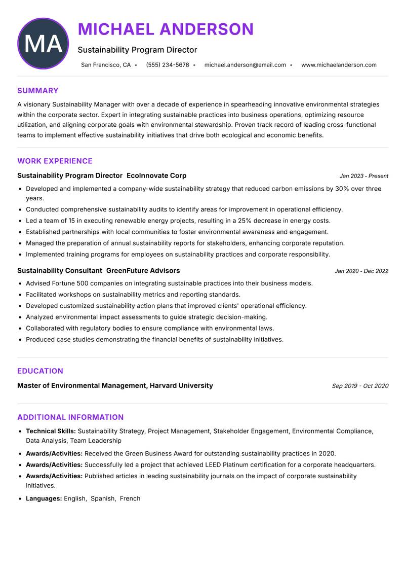 Sustainability Manager resume example — ATS-friendly template