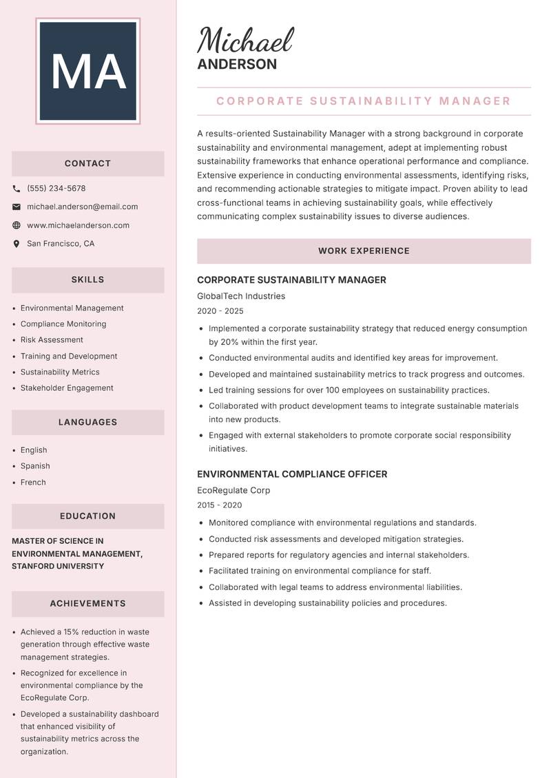 Sustainability Manager resume template — Executive