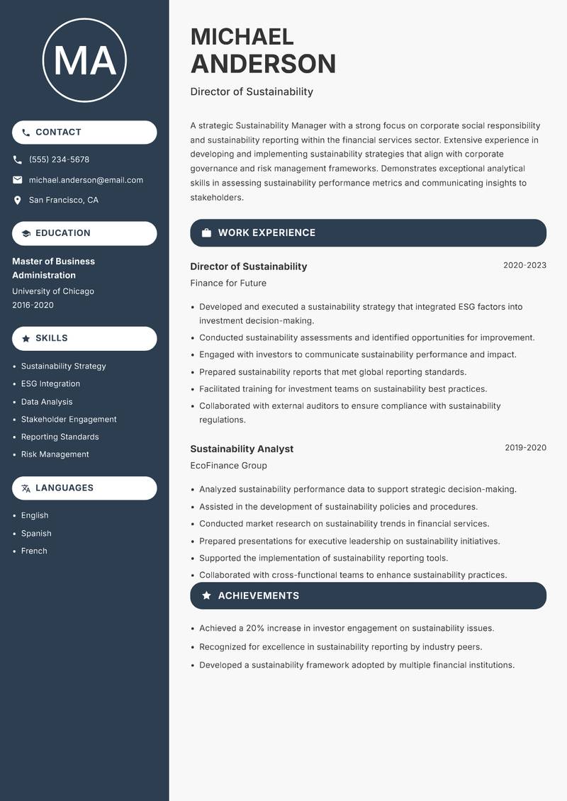 Sustainability Manager resume template — Compact