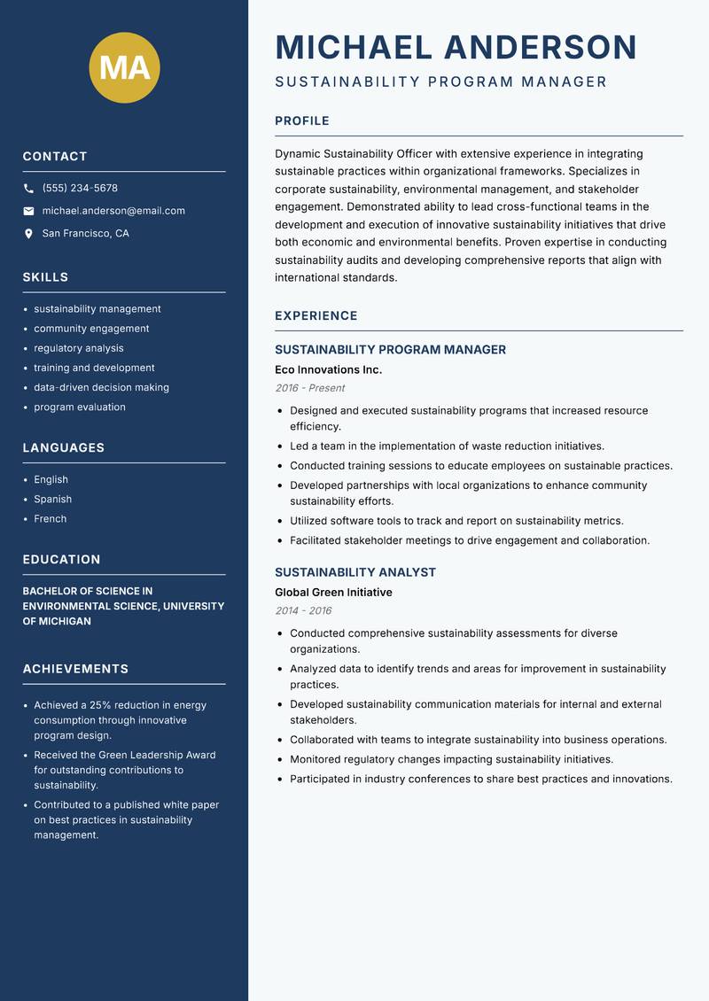Sustainability Officer resume template — Classic Clean