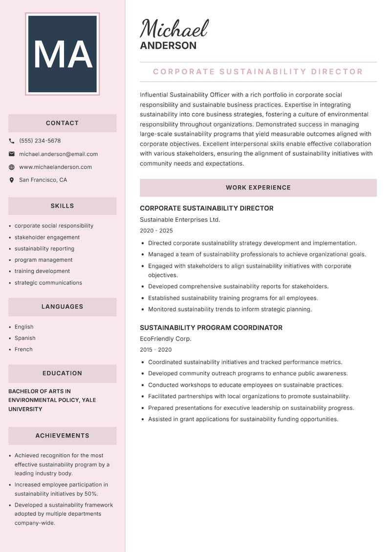 Sustainability Officer resume template — Executive