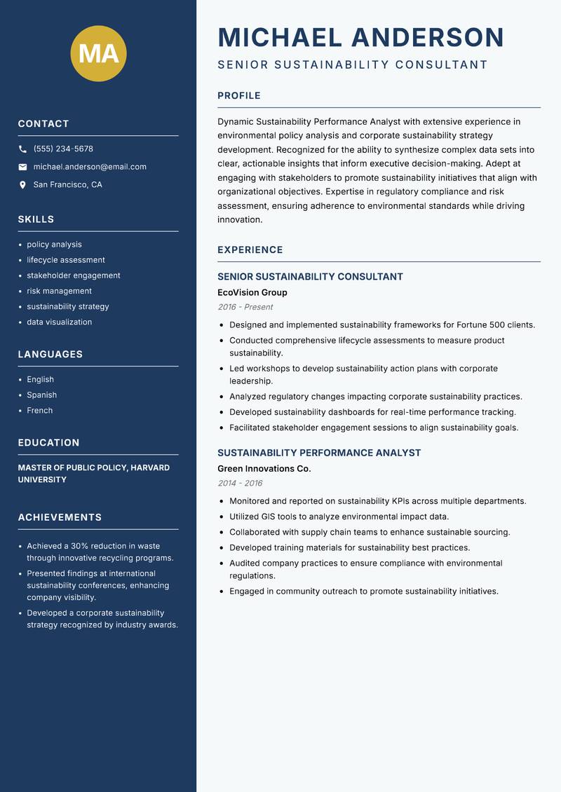 Sustainability Performance Analyst resume template — Classic Clean