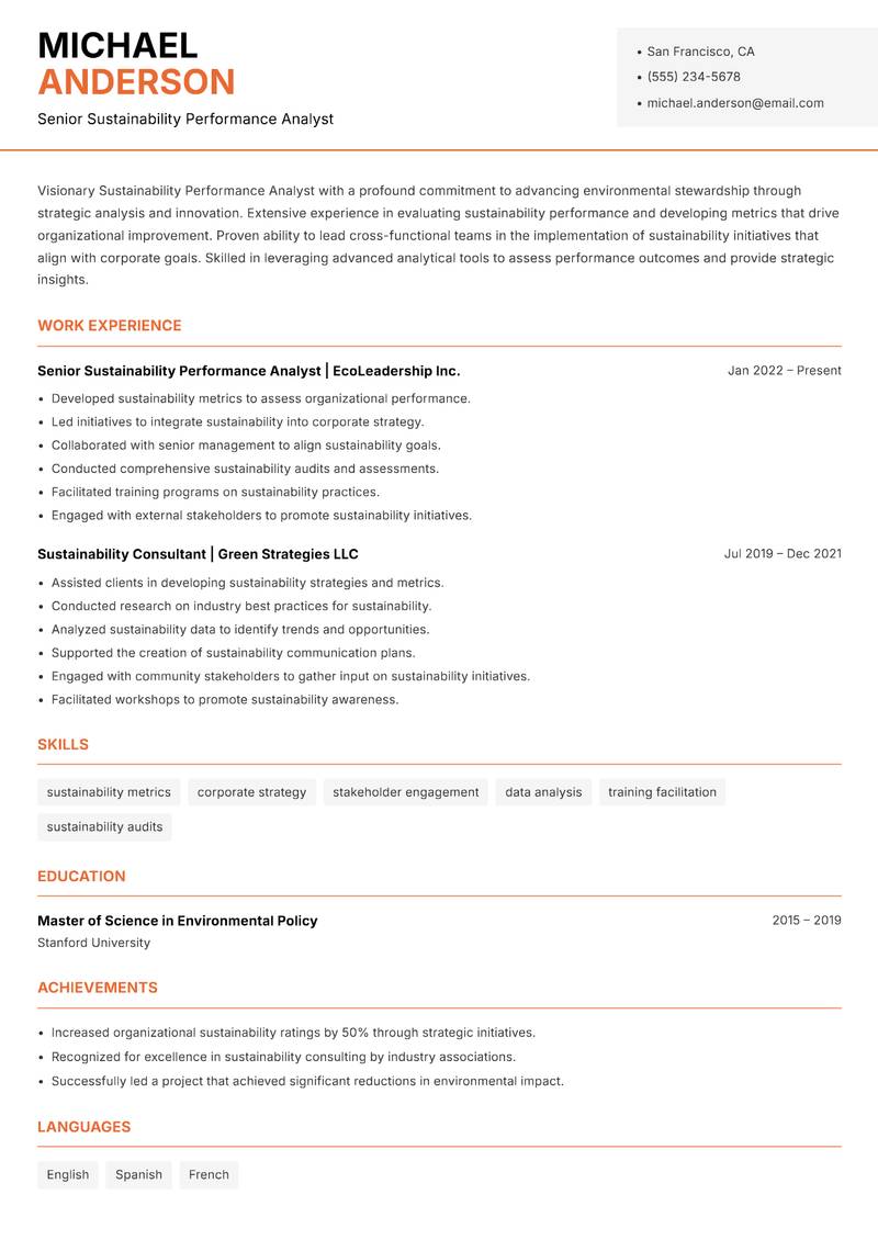 Sustainability Performance Analyst resume template — Modern Professional
