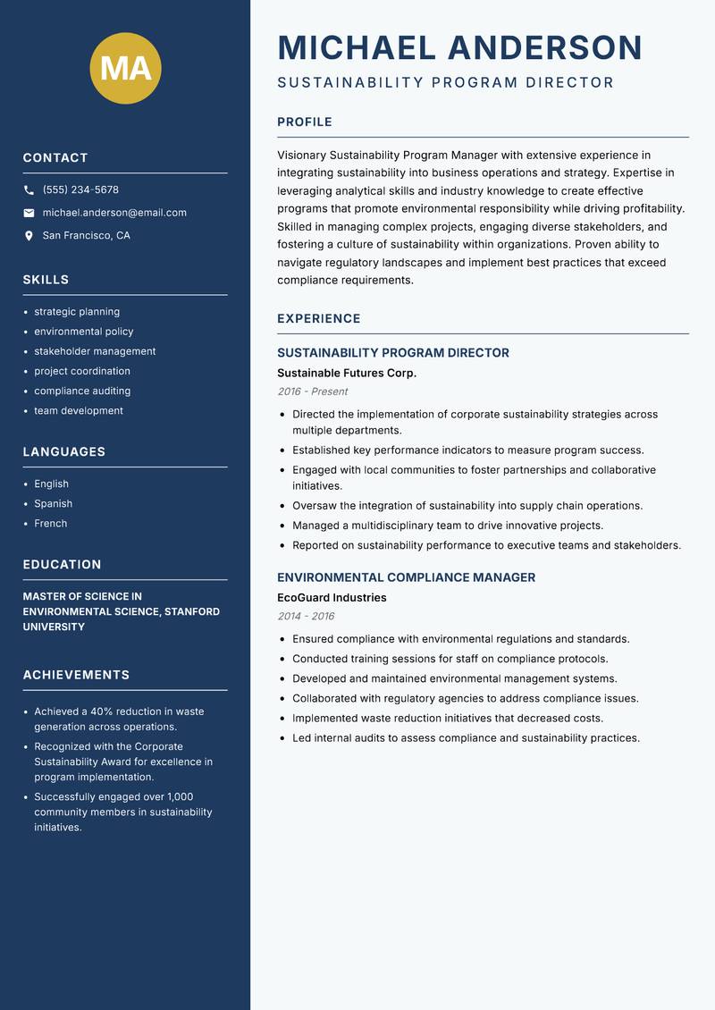 Sustainability Program Manager resume template — Classic Clean