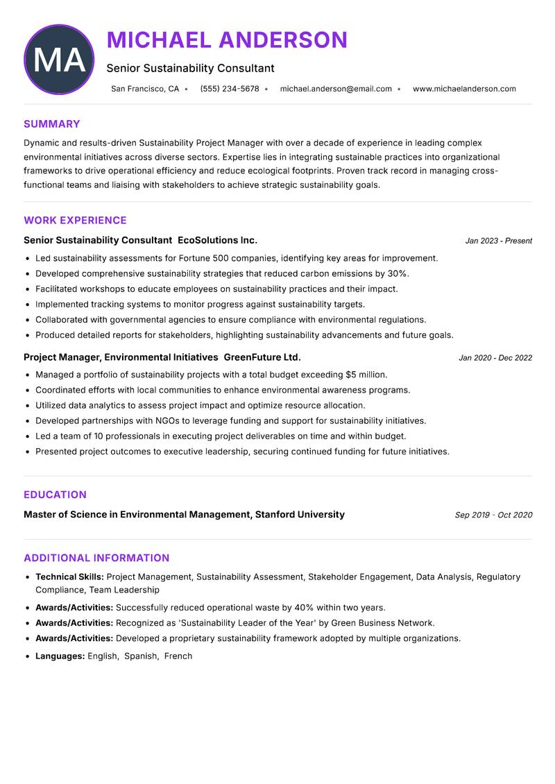 Sustainability Project Manager resume example — ATS-friendly template