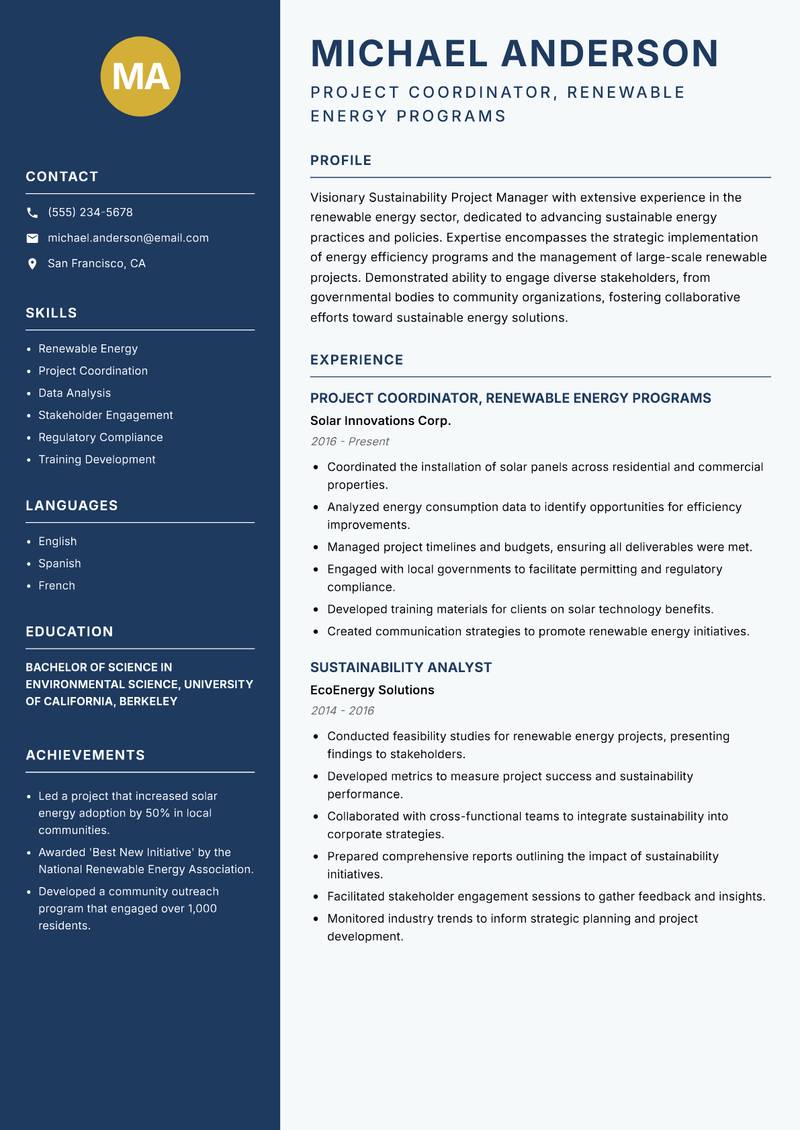 Sustainability Project Manager resume template — Classic Clean