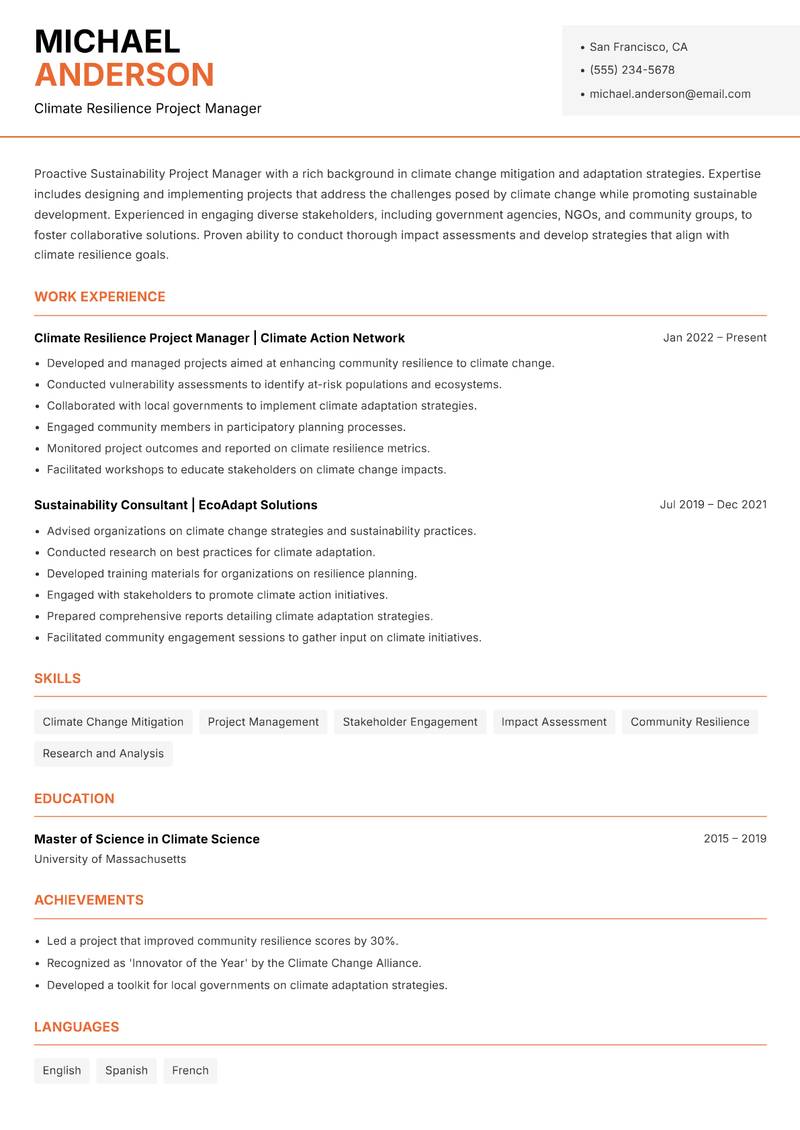 Sustainability Project Manager resume template — Modern Professional