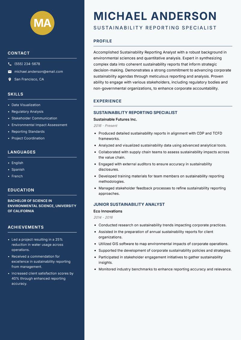 Sustainability Reporting Analyst resume template — Classic Clean