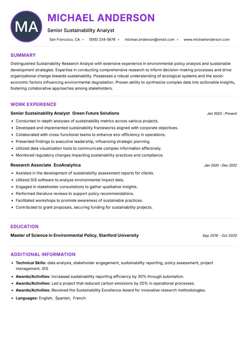Sustainability Research Analyst resume example — ATS-friendly template