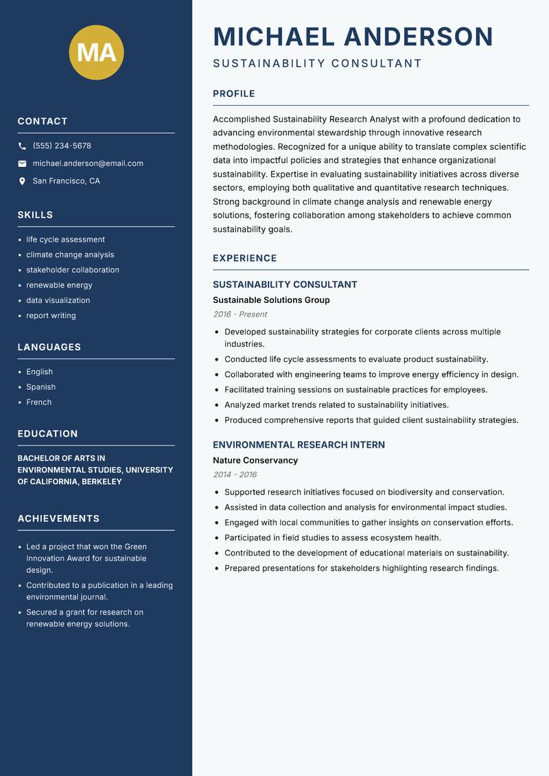 Sustainability Research Analyst resume template — Classic Clean
