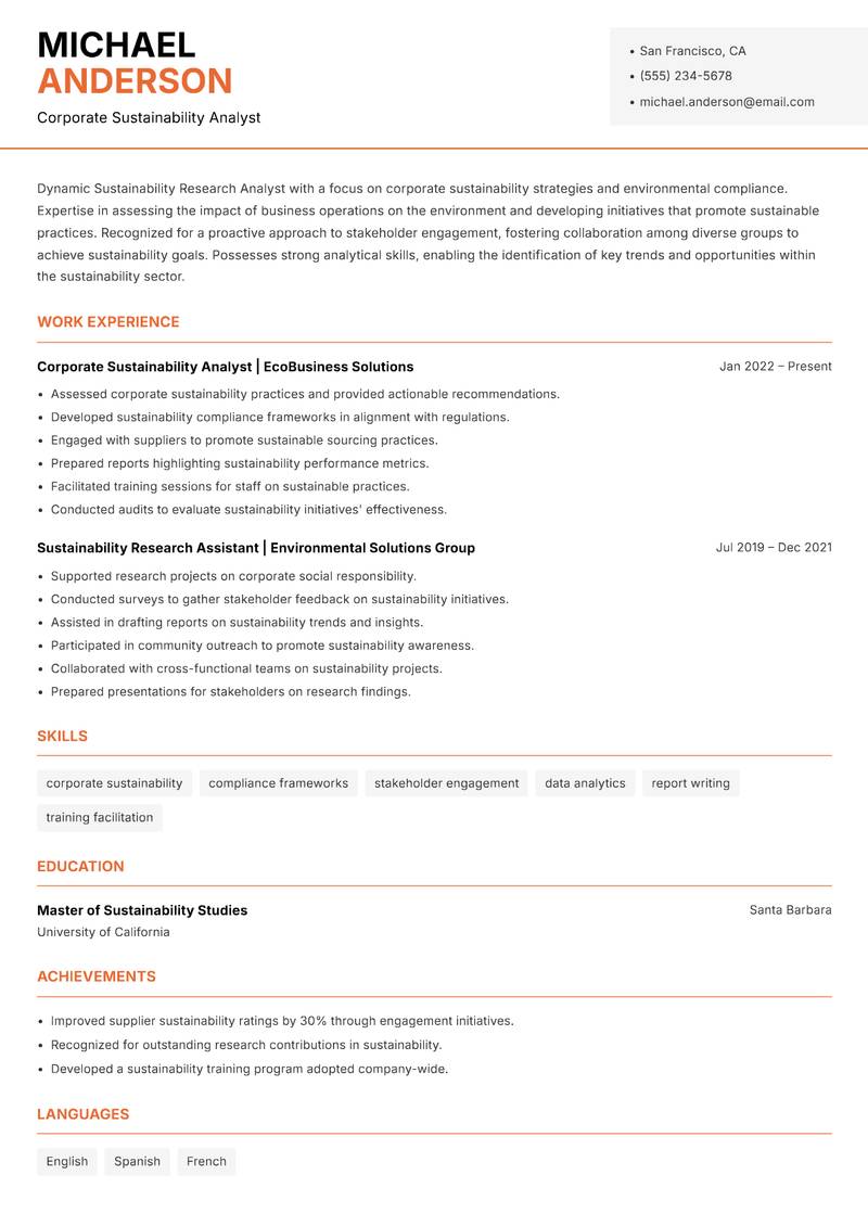 Sustainability Research Analyst resume template — Modern Professional