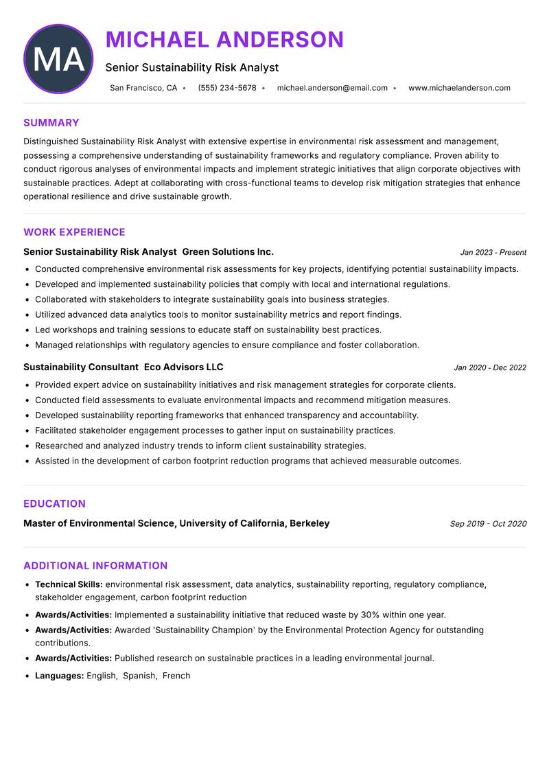 Sustainability Risk Analyst resume example — ATS-friendly template