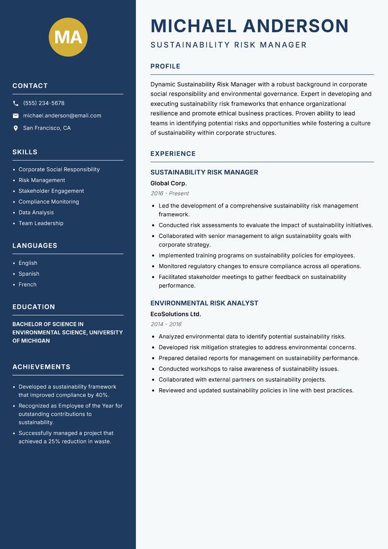 Sustainability Risk Manager resume template — Classic Clean