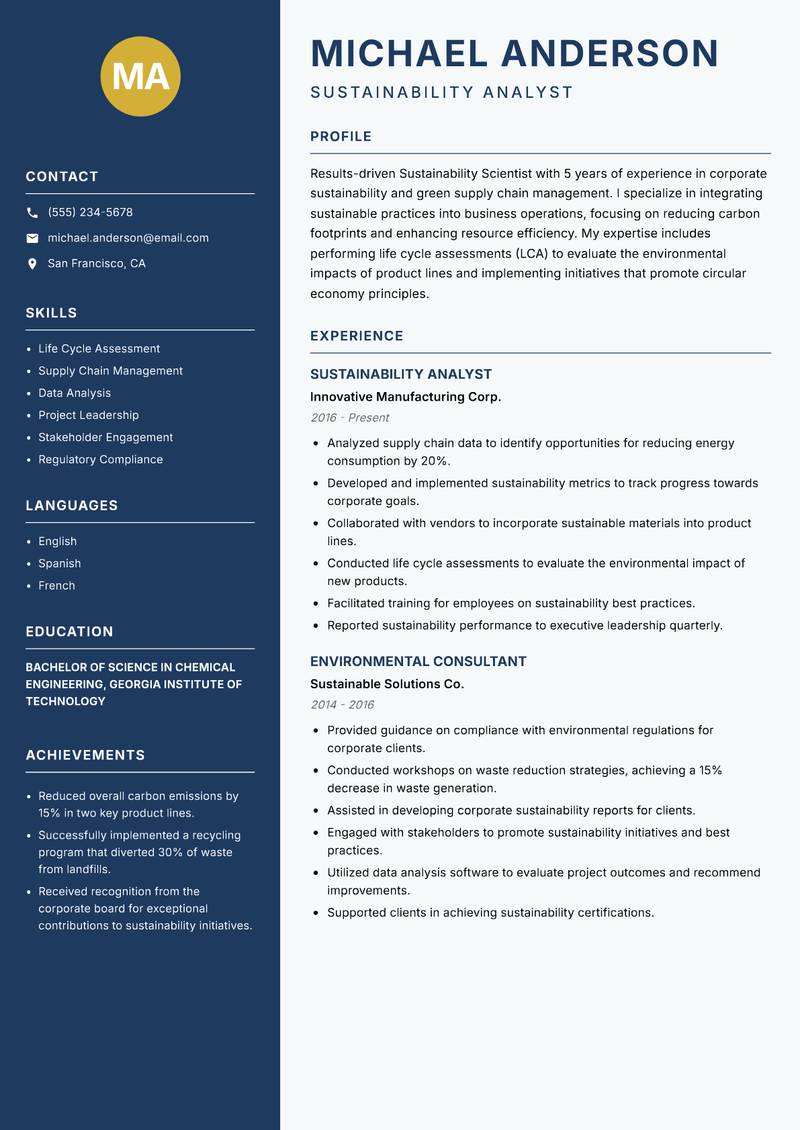 Sustainability Scientist resume template — Classic Clean
