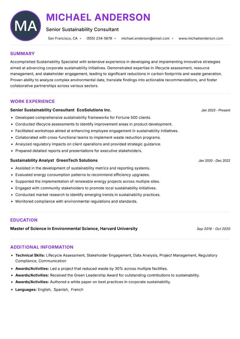 Sustainability Specialist resume example — ATS-friendly template