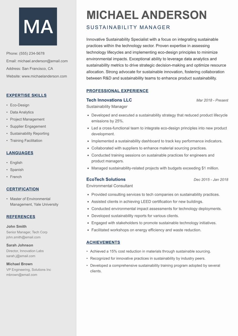 Sustainability Specialist resume template — Creative Minimal