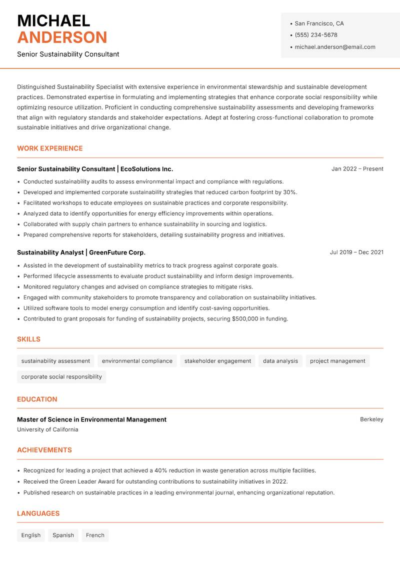 Sustainability Specialist resume template — Modern Professional