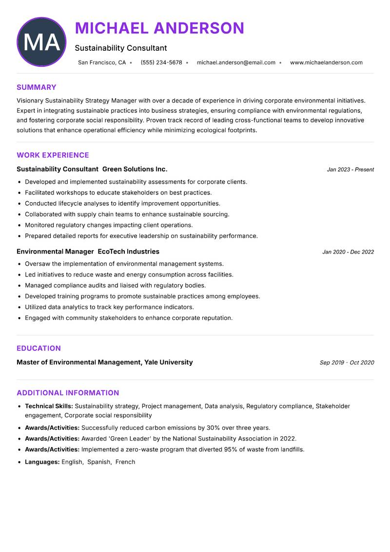 Sustainability Strategy Manager resume example — ATS-friendly template