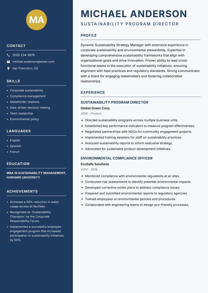 Sustainability Strategy Manager resume template — Classic Clean