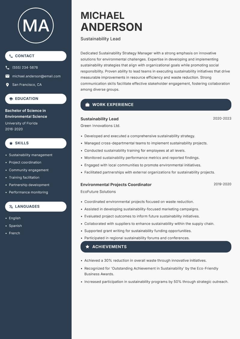 Sustainability Strategy Manager resume template — Compact
