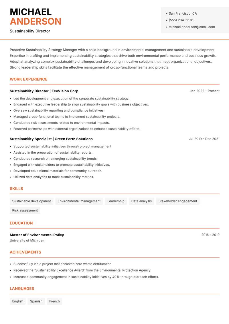 Sustainability Strategy Manager resume template — Modern Professional