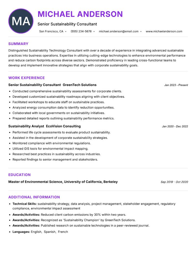 Sustainability Technology Consultant resume example — ATS-friendly template