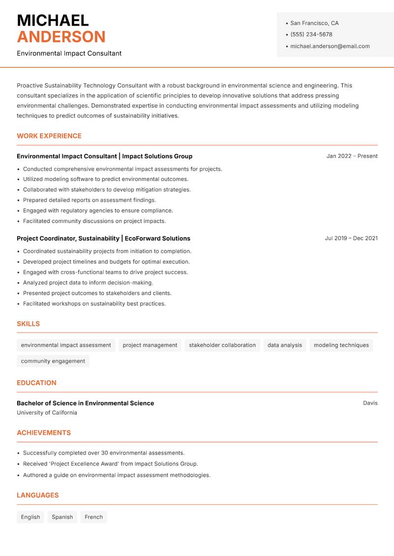 Sustainability Technology Consultant resume template — Modern Professional