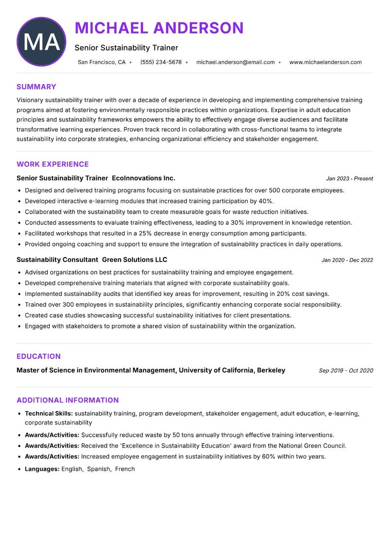 Sustainability Trainer resume example — ATS-friendly template