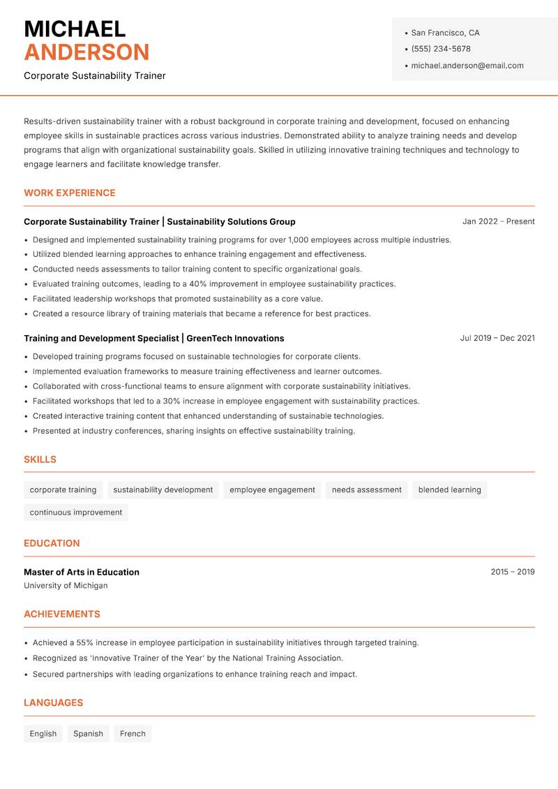 Sustainability Trainer resume template — Modern Professional