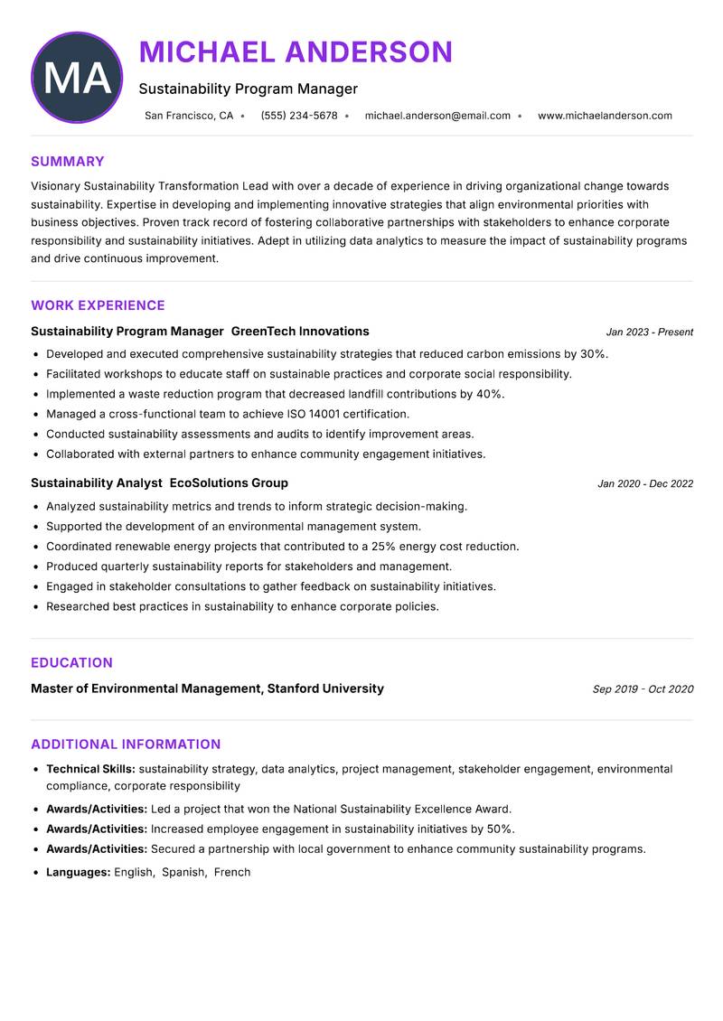 Sustainability Transformation Lead resume example — ATS-friendly template