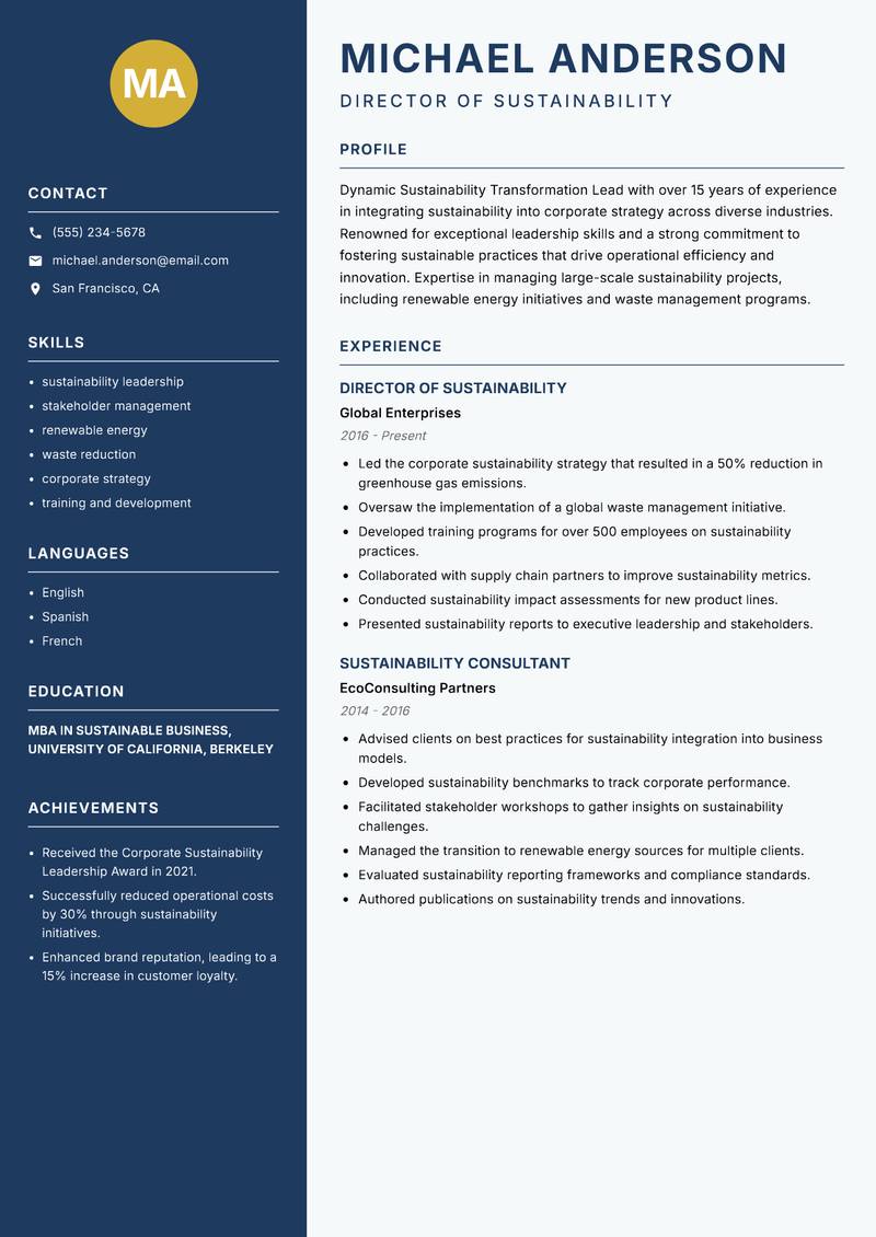 Sustainability Transformation Lead resume template — Classic Clean