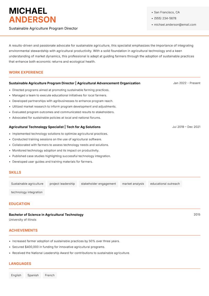 Sustainable Agriculture Extension Specialist resume template — Modern Professional