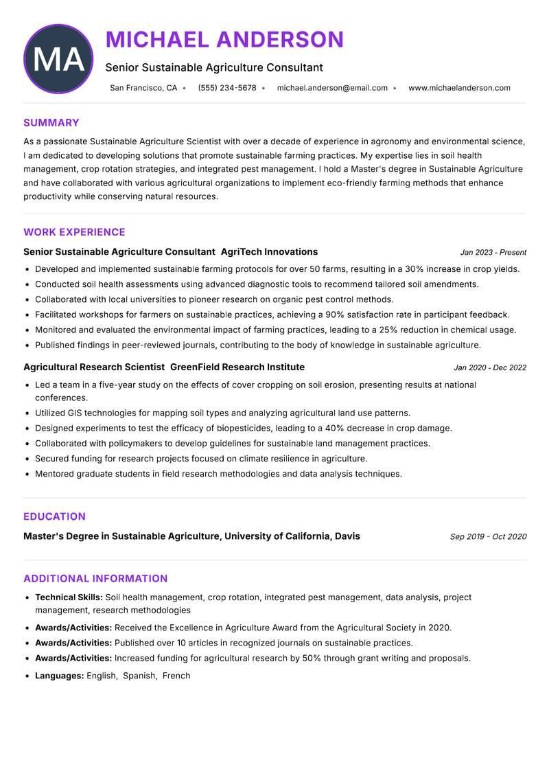 Sustainable Agriculture Scientist resume example — ATS-friendly template