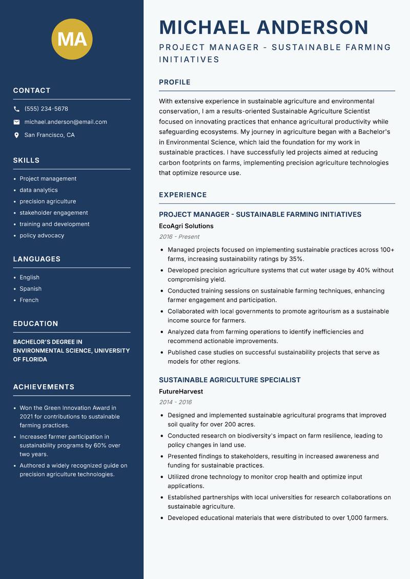 Sustainable Agriculture Scientist resume template — Classic Clean