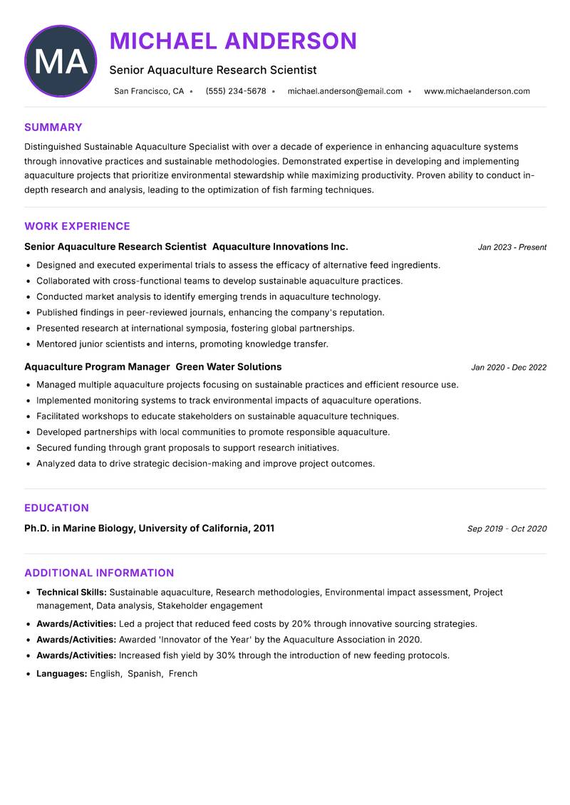 Sustainable Aquaculture Specialist resume example — ATS-friendly template