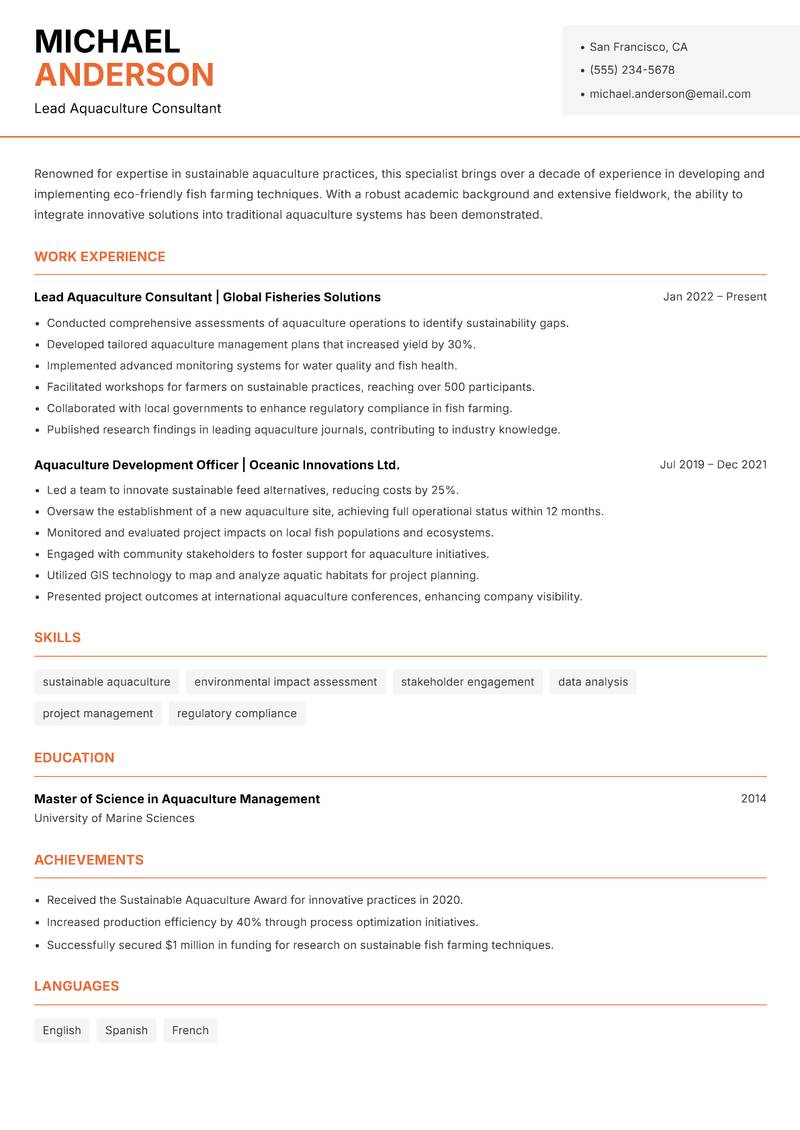 Sustainable Aquaculture Specialist resume template — Modern Professional
