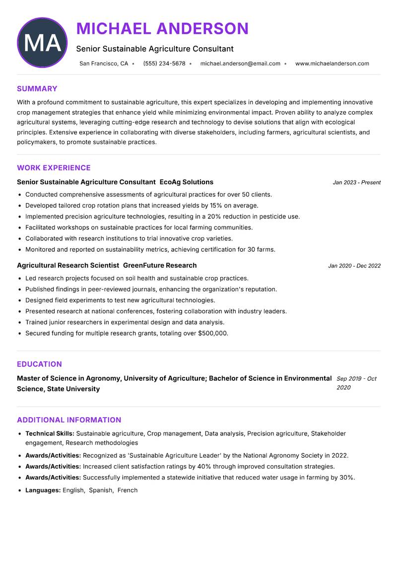 Sustainable Crop Specialist resume example — ATS-friendly template