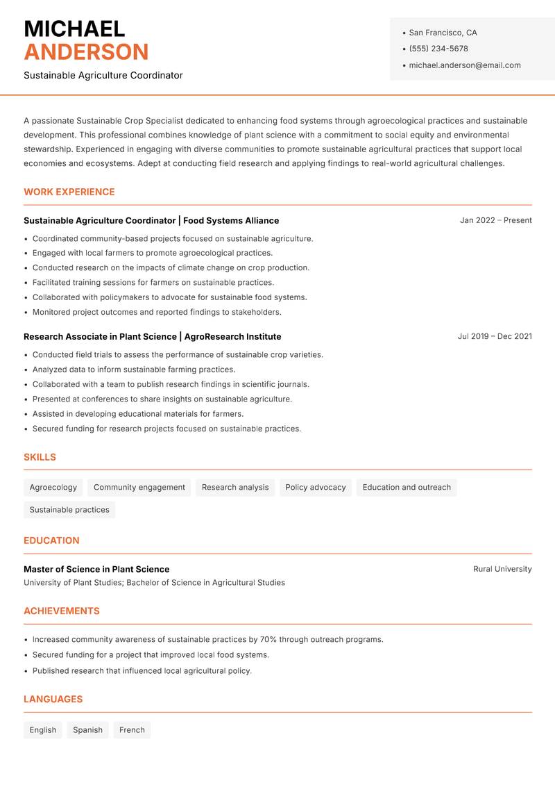 Sustainable Crop Specialist resume template — Modern Professional