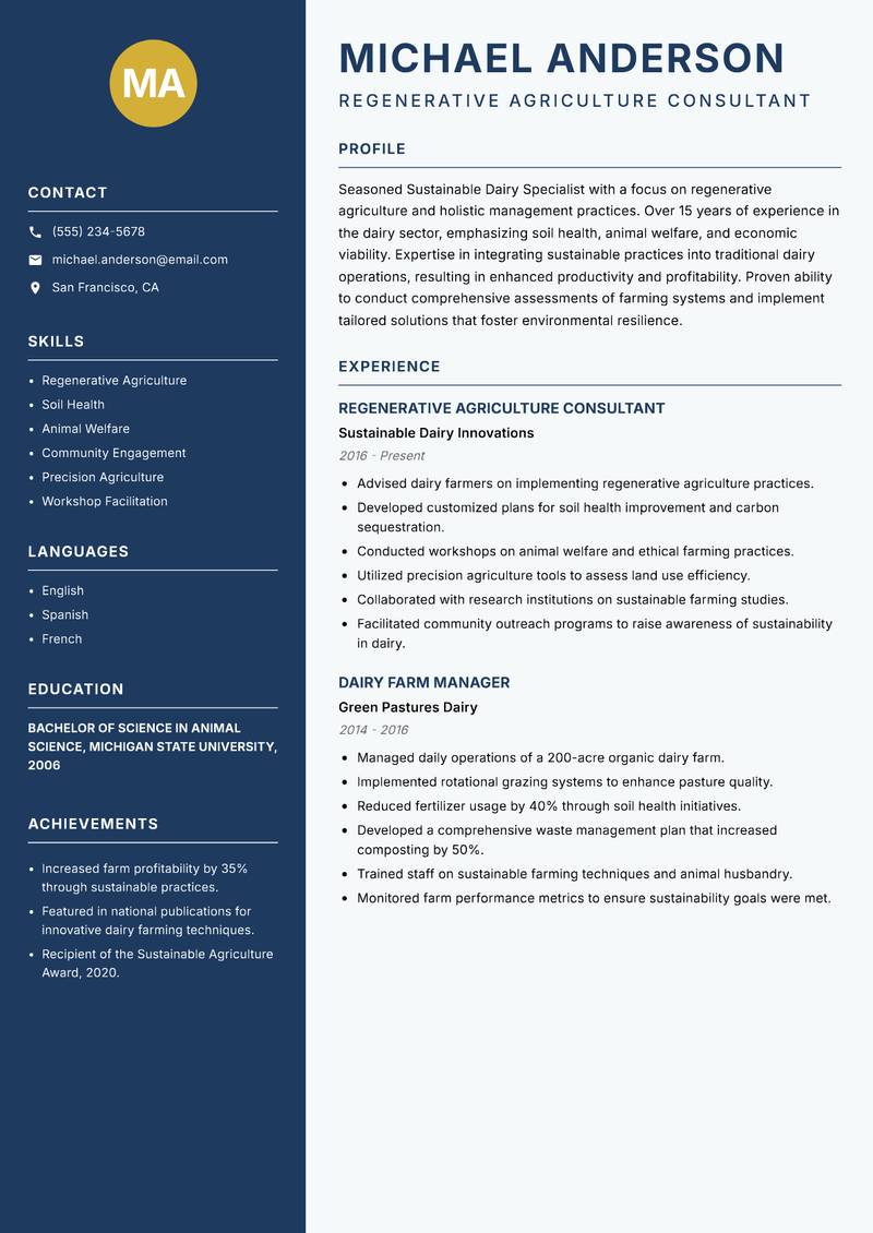 Sustainable Dairy Specialist resume template — Classic Clean