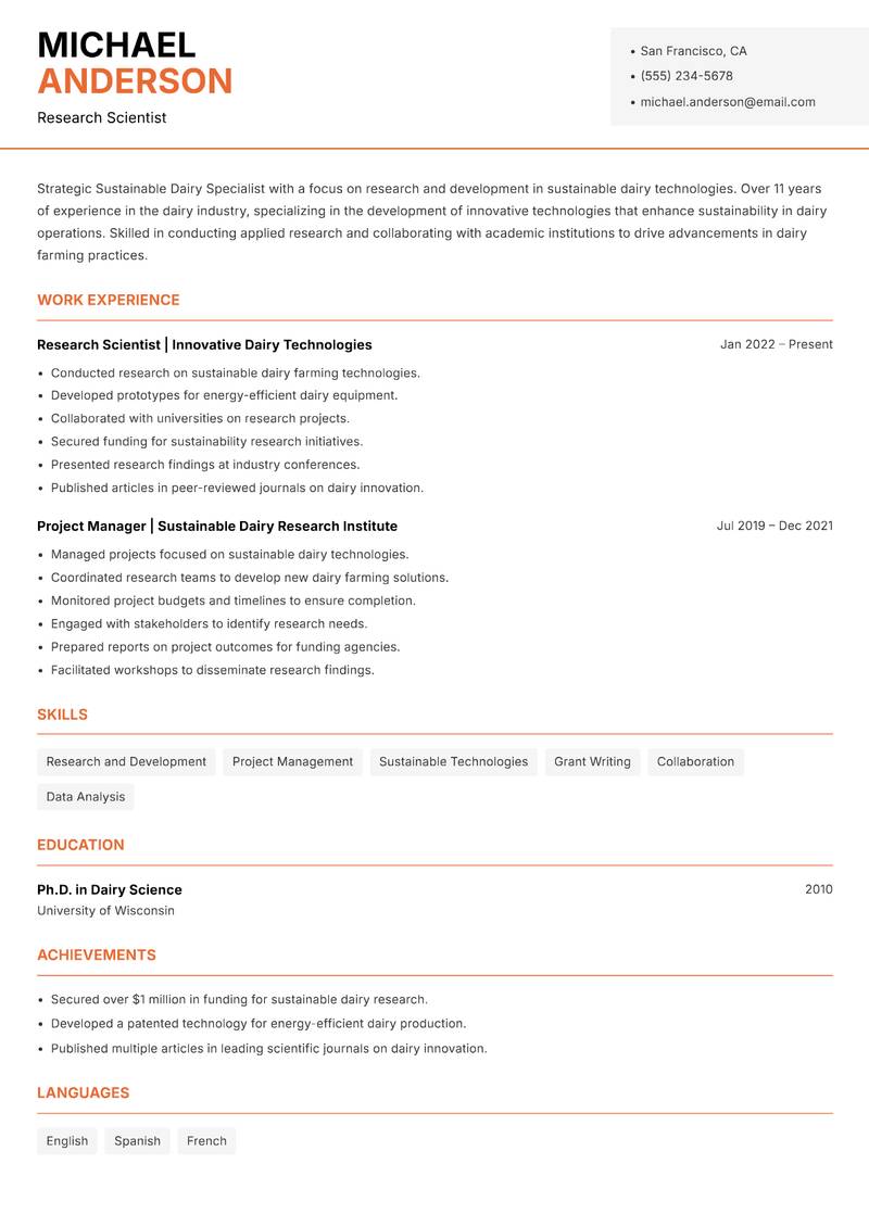 Sustainable Dairy Specialist resume template — Modern Professional