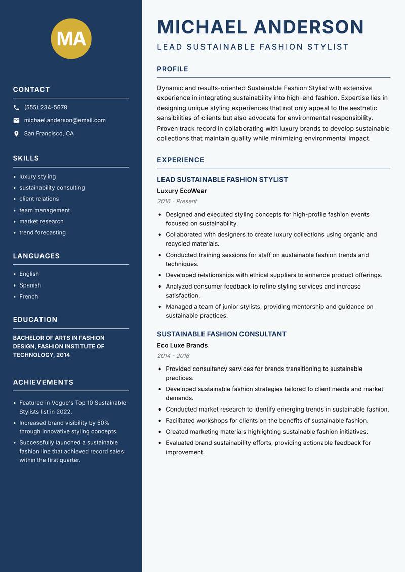 Sustainable Fashion Stylist resume template — Classic Clean