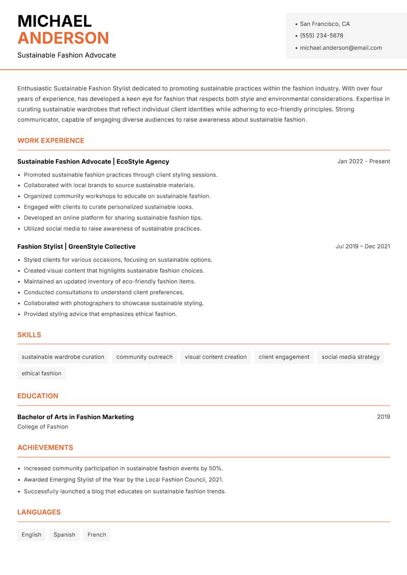 Sustainable Fashion Stylist resume template — Modern Professional