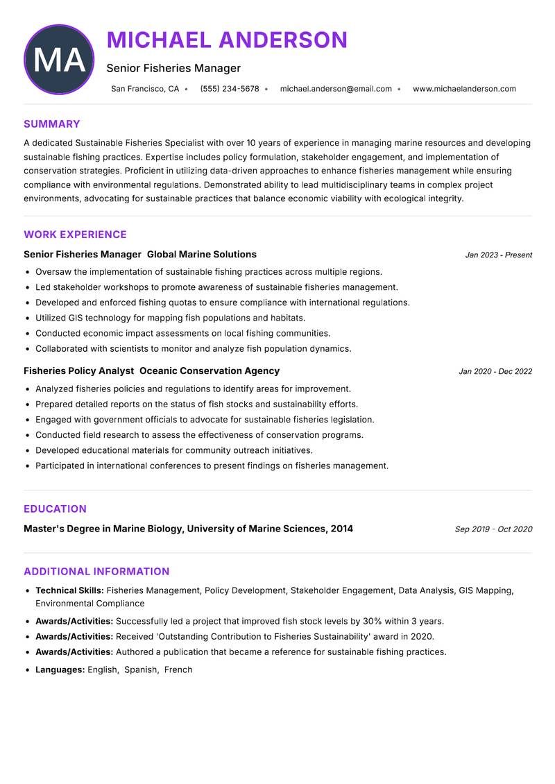 Sustainable Fisheries Specialist resume example — ATS-friendly template