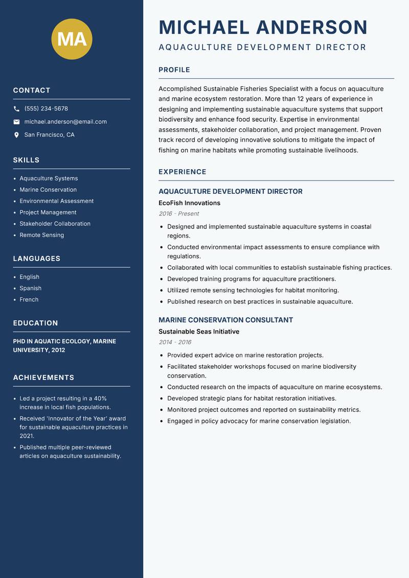 Sustainable Fisheries Specialist resume template — Classic Clean
