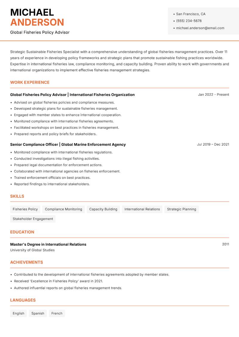 Sustainable Fisheries Specialist resume template — Modern Professional